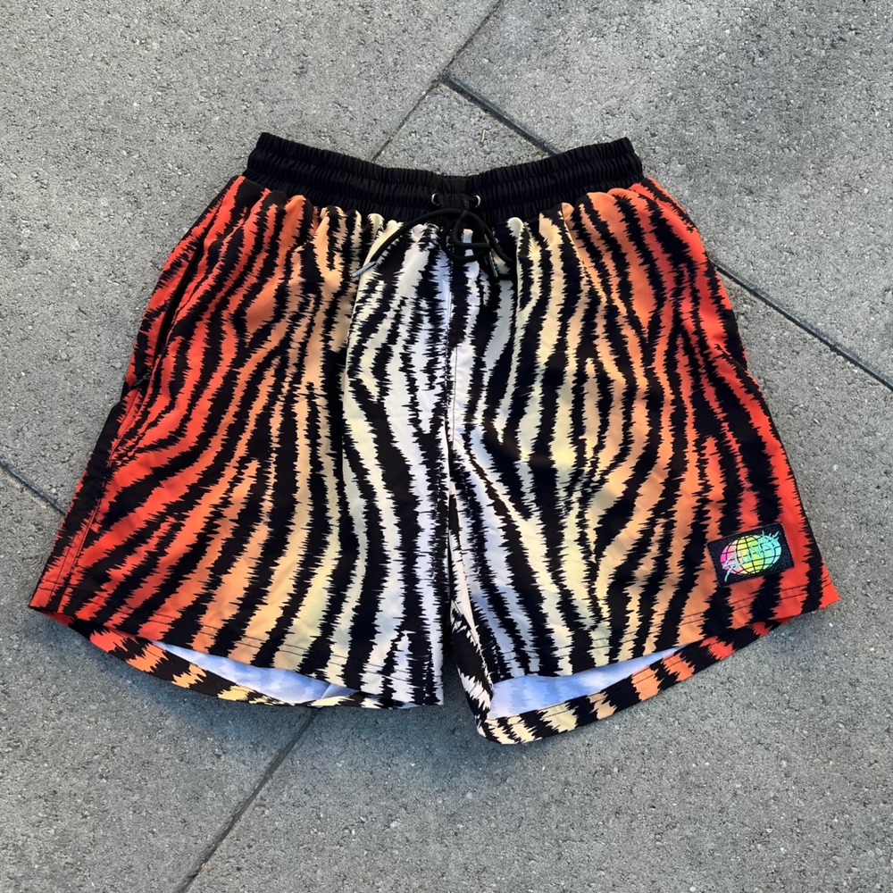 Slunks Tiger Stripe Athletic Shorts Mens Medium Orange Black White Volleyball